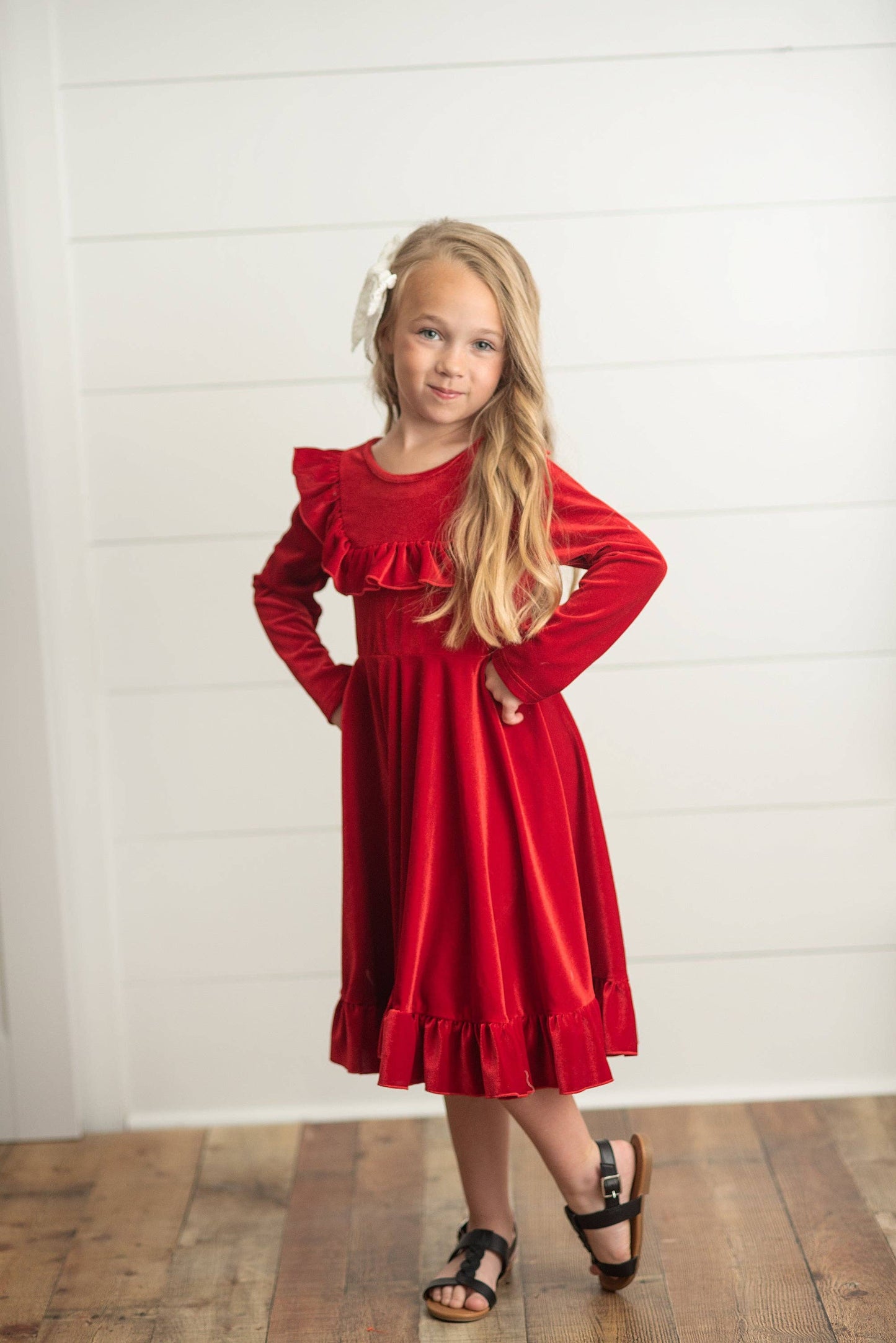 Kids Red Velvet Ruffle Fancy Winter Christmas Party Dress