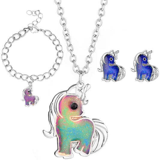 Mood Unicorn Necklace, Charm Bracelet & Earring Studs - SET