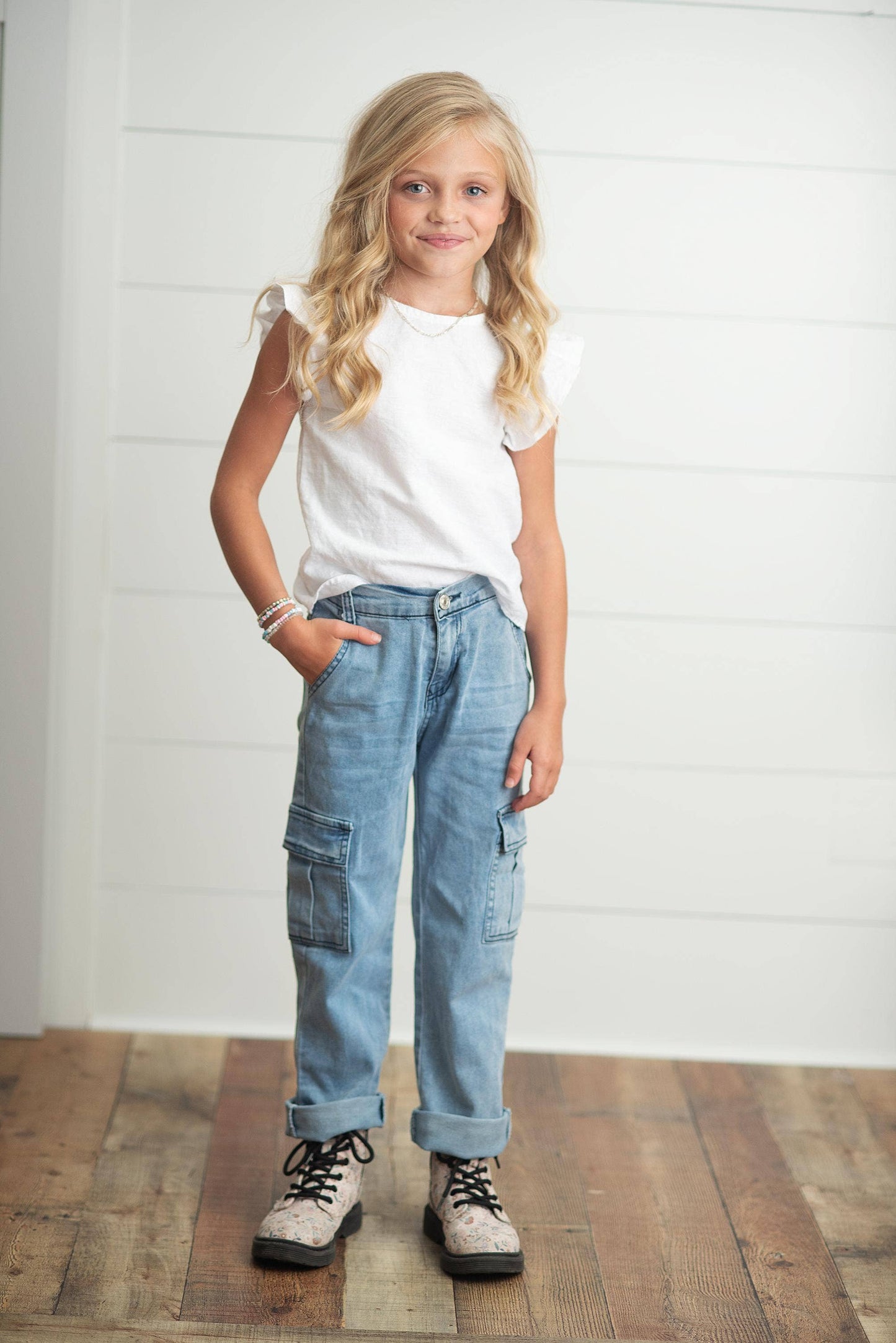 Light Wash Faded Denim Cargo Pant With Pockets - Leah Jean Boutique