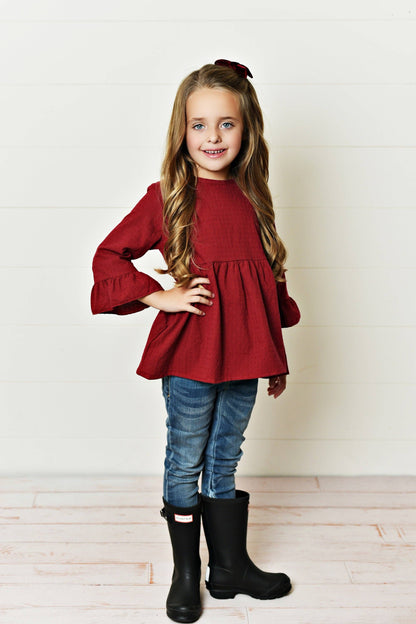 Burgandy Ruffle Long Sleeve Shirt with Buttons