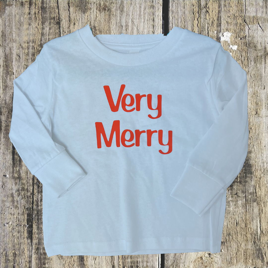 "Very Merry" white long-sleeve T-shirt & Onesies