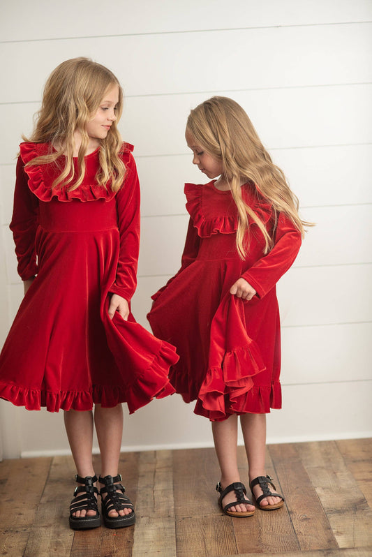 Kids Red Velvet Ruffle Fancy Winter Christmas Party Dress - Leah Jean Boutique