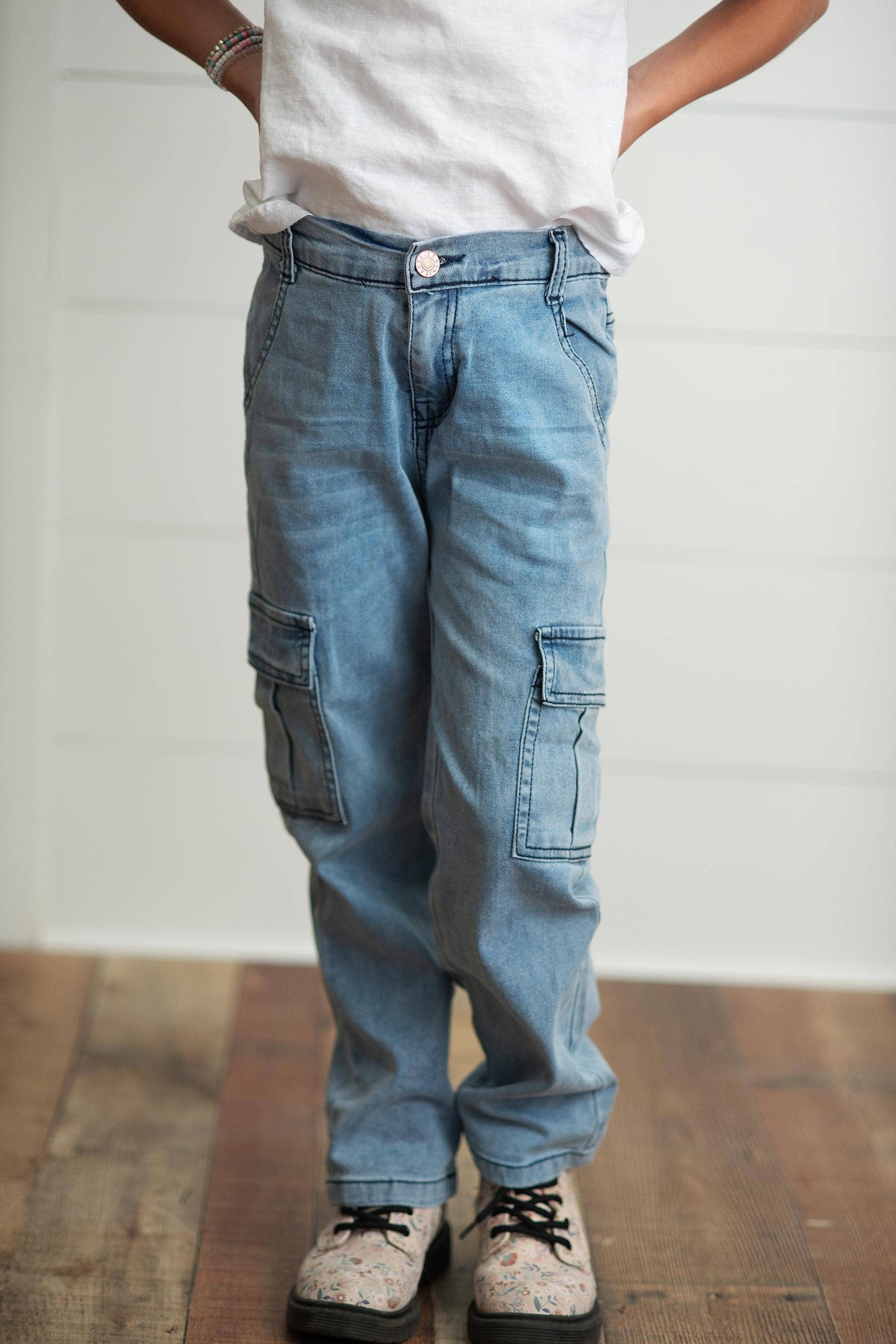 Light Wash Faded Denim Cargo Pant With Pockets - Leah Jean Boutique