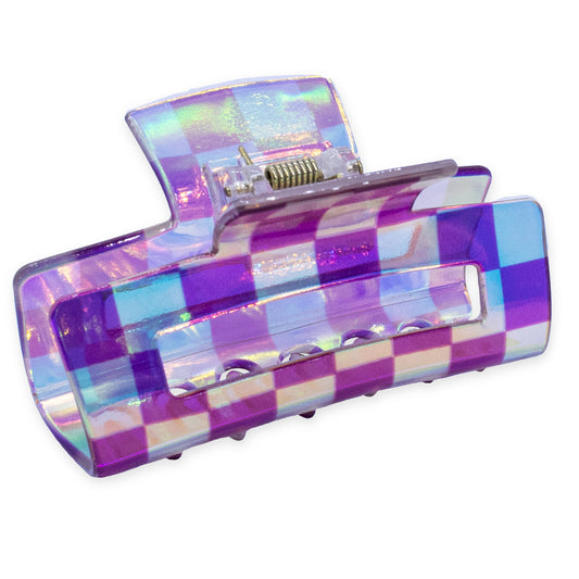 Medium Square Iridescent Checkered Hair Claw Clip