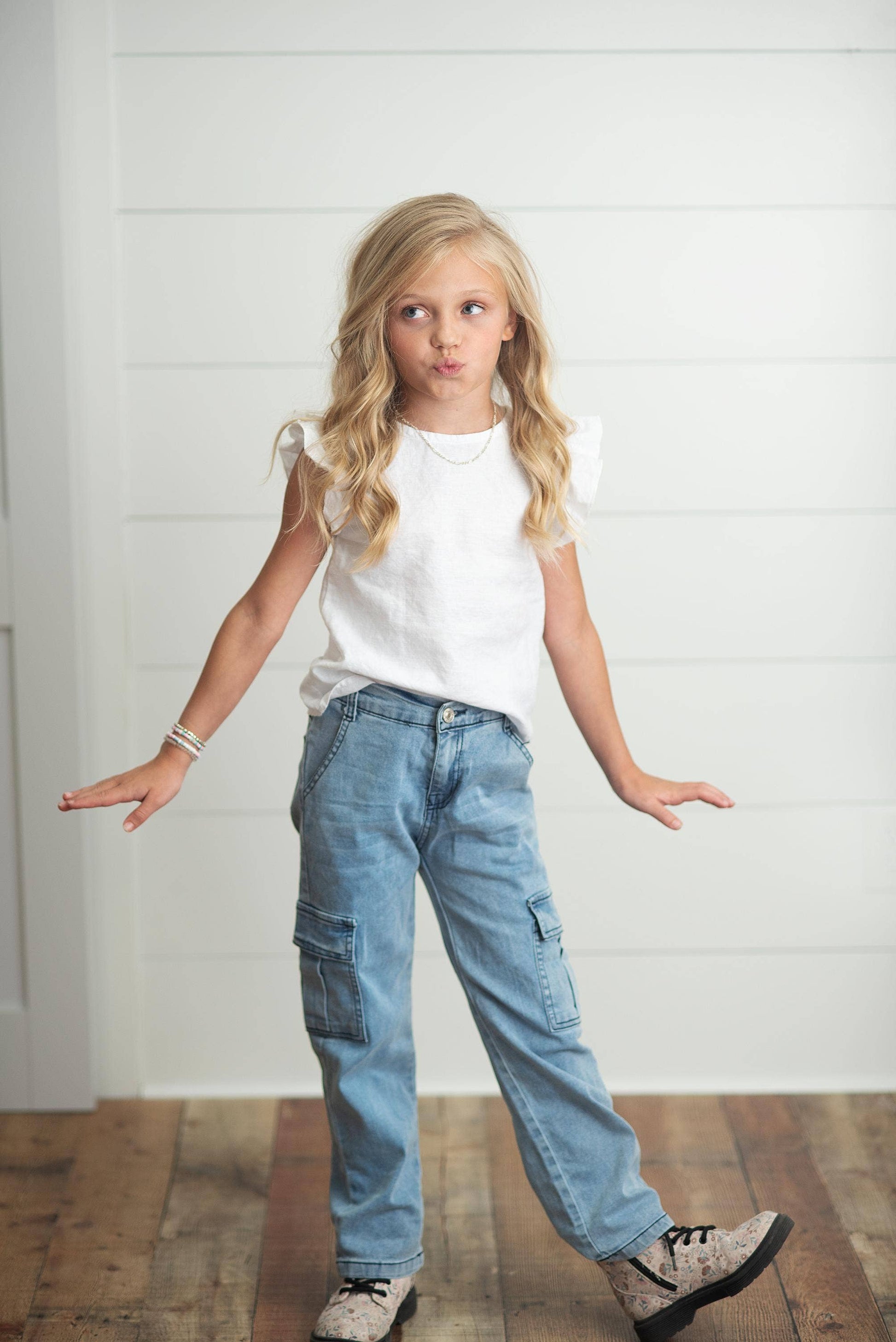 Light Wash Faded Denim Cargo Pant With Pockets - Leah Jean Boutique