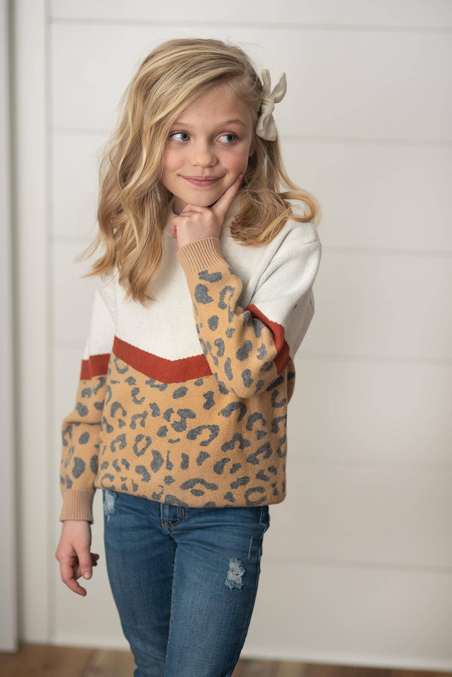 Leopard & Rust V Color Block Crew Neck Sweater - Leah Jean Boutique