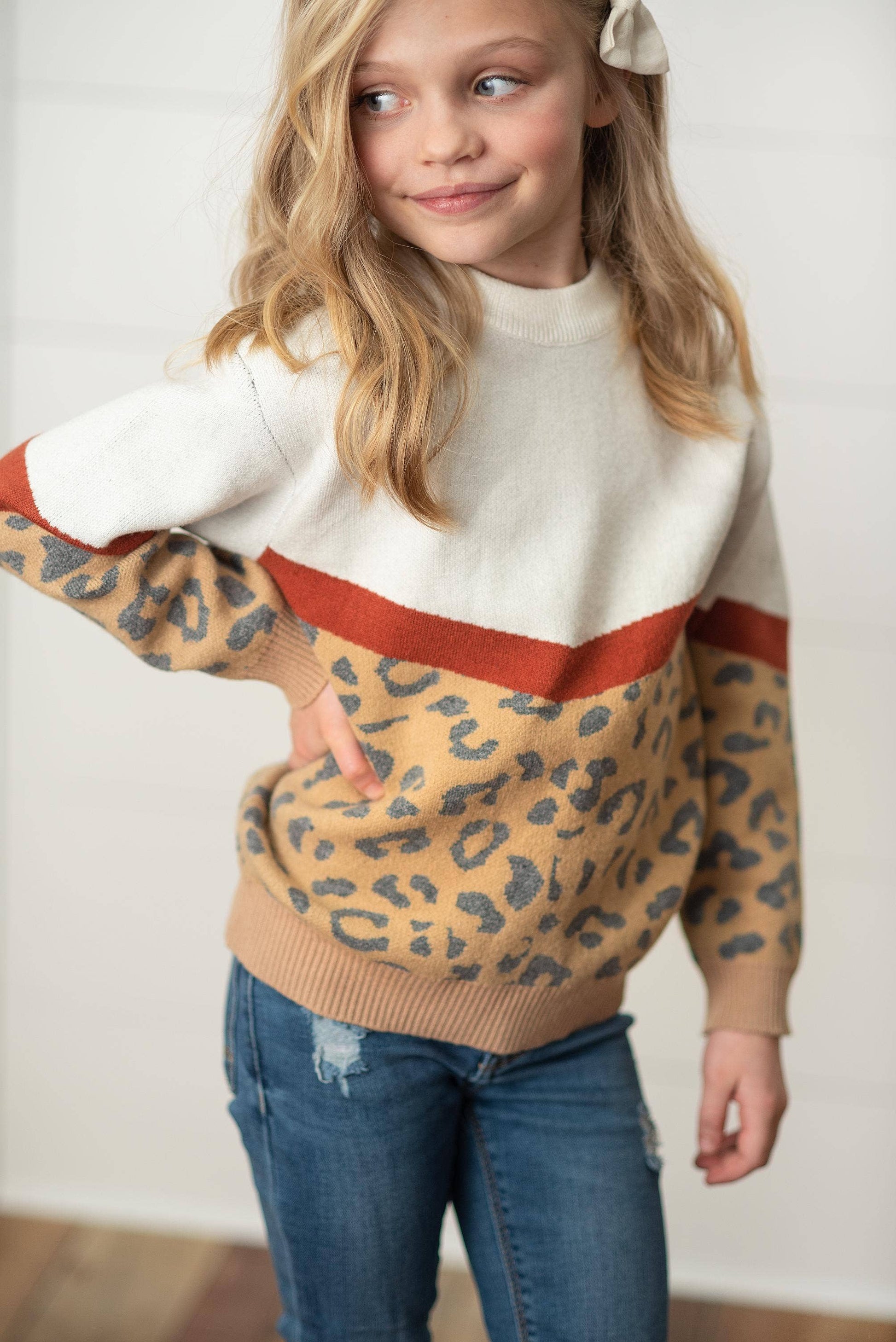 Leopard & Rust V Color Block Crew Neck Sweater - Leah Jean Boutique