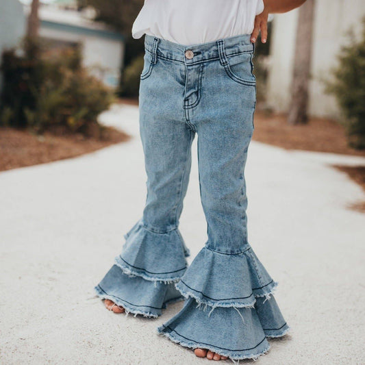 Light Wash Denim Double Ruffle Jeans - Leah Jean Boutique