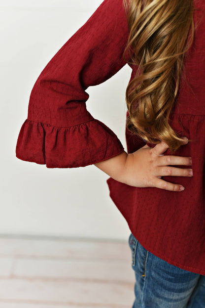 Burgandy Ruffle Long Sleeve Shirt with Buttons