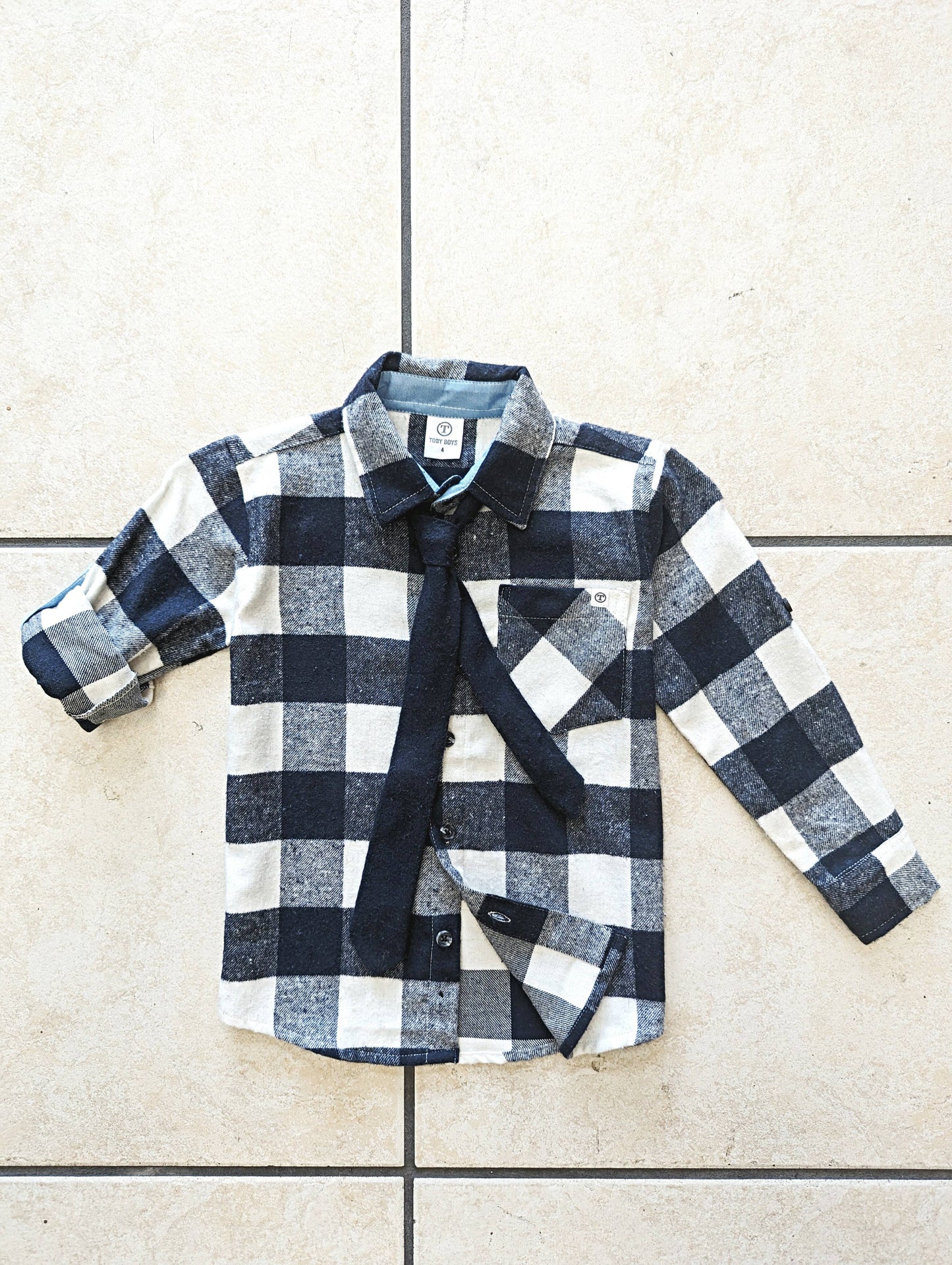 Navy Flannel Shirt with Removable Tie - Leah Jean Boutique