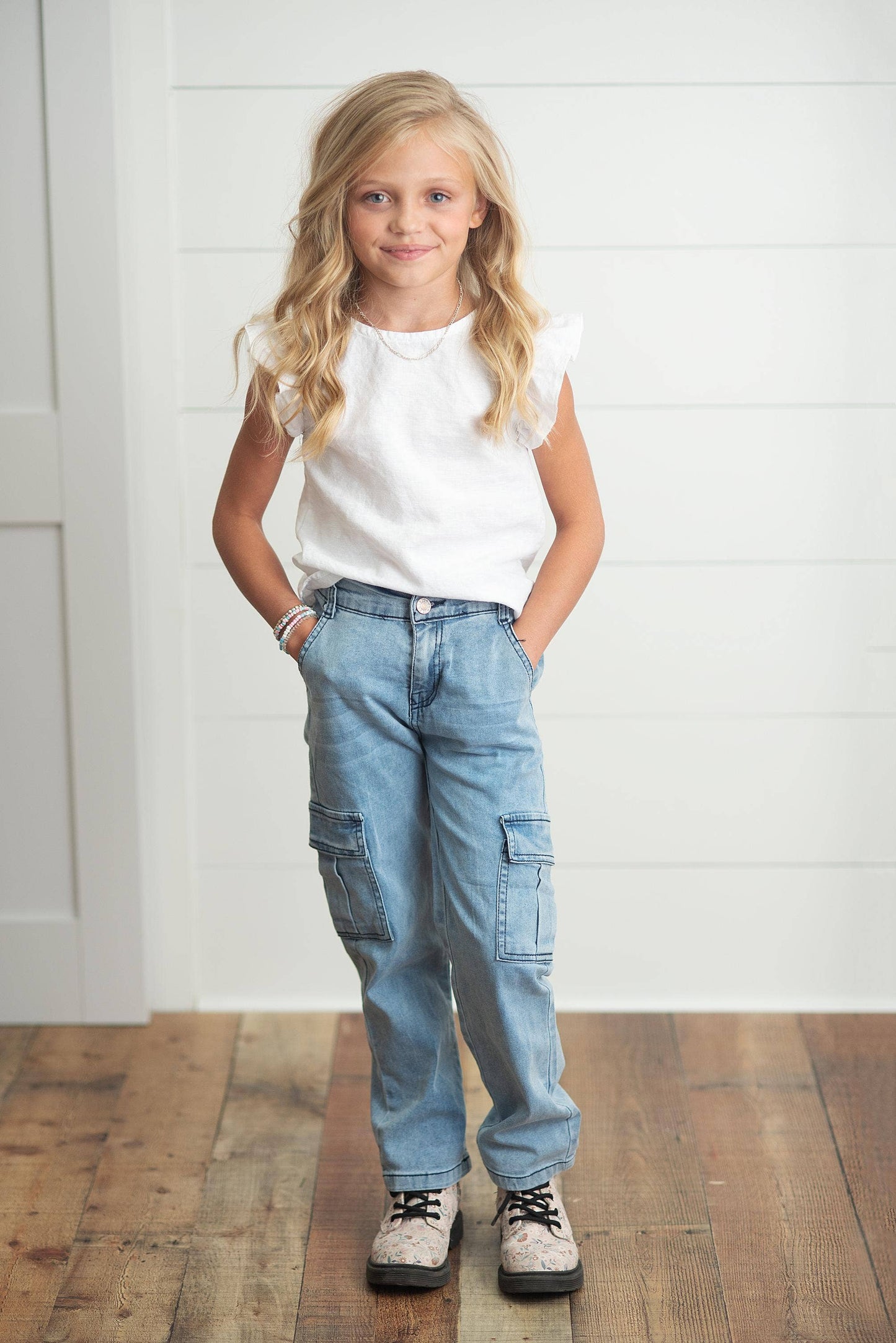 Light Wash Faded Denim Cargo Pant With Pockets - Leah Jean Boutique