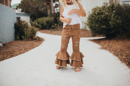 Khaki Denim Double Ruffle Jeans - Leah Jean Boutique