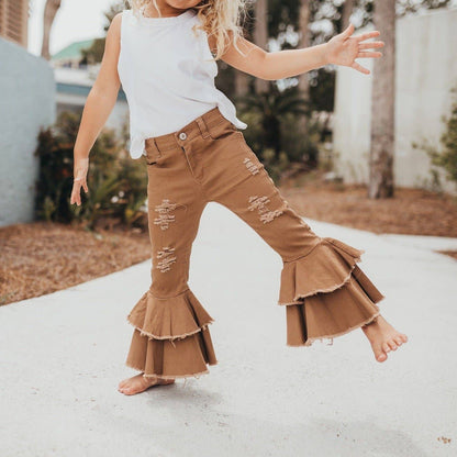 Khaki Denim Double Ruffle Jeans - Leah Jean Boutique