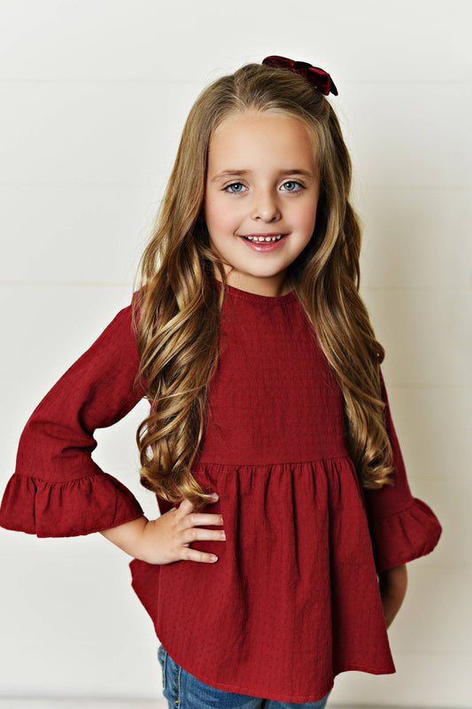 Burgandy Ruffle Long Sleeve Shirt with Buttons - Leah Jean Boutique