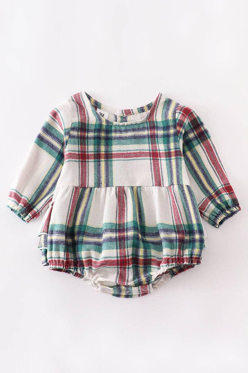 Green red plaid baby romper - Leah Jean Boutique