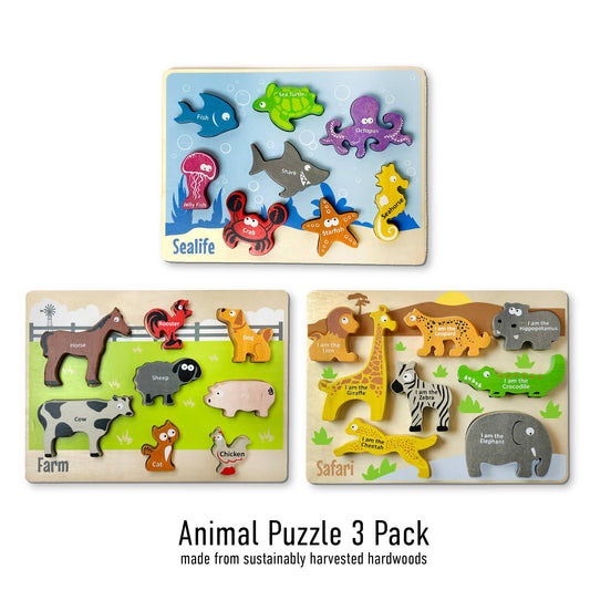 Animal Puzzles 3-Pack - Chunky Pieces 6 piece Puzzles