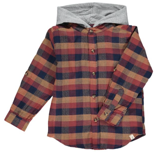 DYER red/rust/navy plaid hooded woven shirt